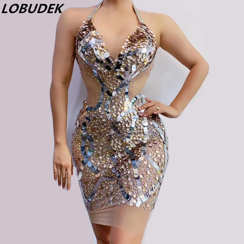 Сексуальное блестящее Сетчатое короткое платье с V-образным вырезом разы для