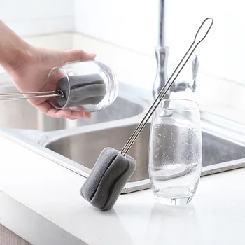 

1pc Stainless Steel Handle Sponge Cup Brush Glass Milk Bottle Cleaner Home Kitchen Sponge Brush For Dishes Bottles