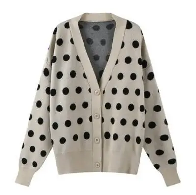 Бежевый Women Elegant V Neck Polka Dot Cardigan Sweater Female Loose Knitted Outerwear Jacket Autumn Winter Tops Q9124 - Цвет: Бежевый