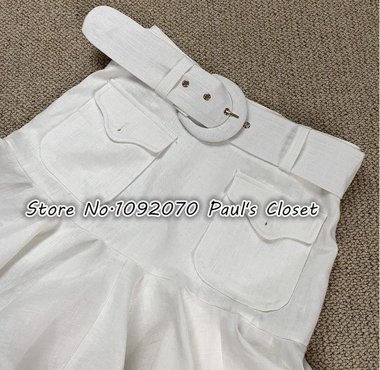 Женская юбка цвета слоновой кости с высокой талией и накладными карманами льняное мини-платье