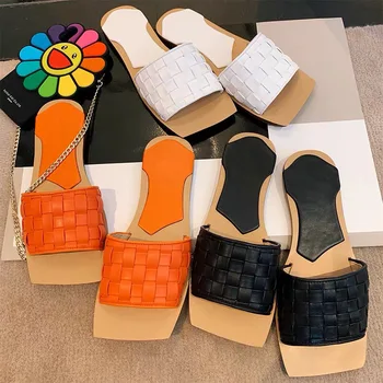 

Knitted Slippers Female Outer Wear 2020 nian Summer New ling ge Flats Font Beach Square Sandals and Slippers