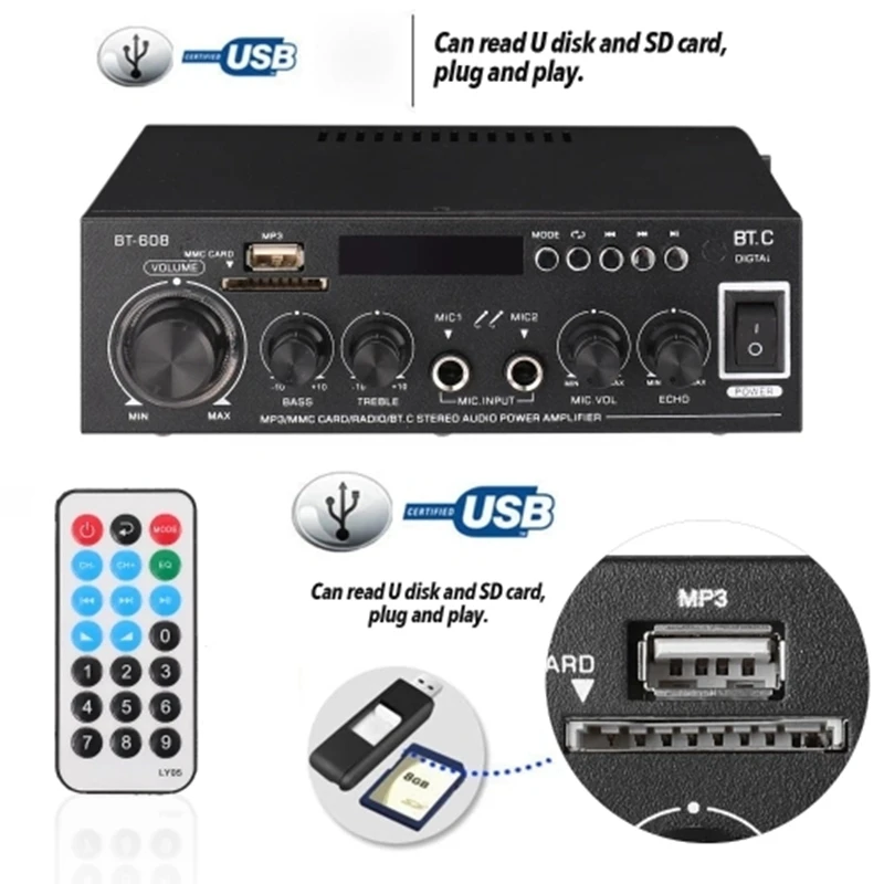 Mini Power Amplifier Audio MP3 Player FM Radio BT Digital Audio Receiver LCD Display Dual Microphone Input BT Amplifier