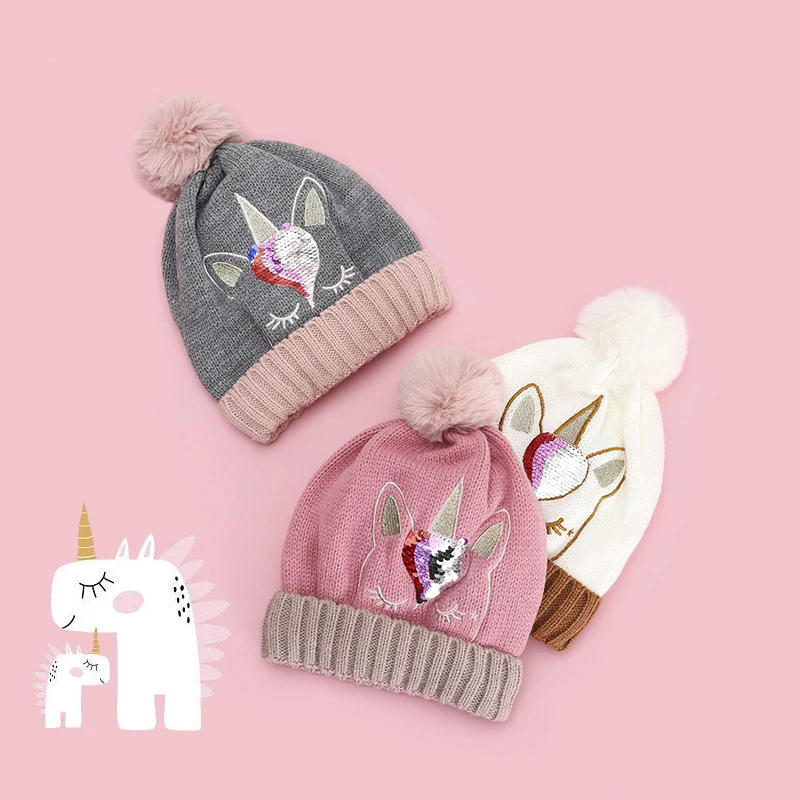 Unicorn Sequin Knitted Wool Beanie Hat