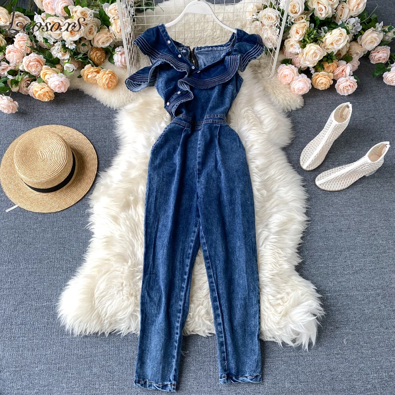 

Women Vintage Jeans Jumpsuits Zipper Ruffles Woman Off Shoulder Denim Jumpsuit