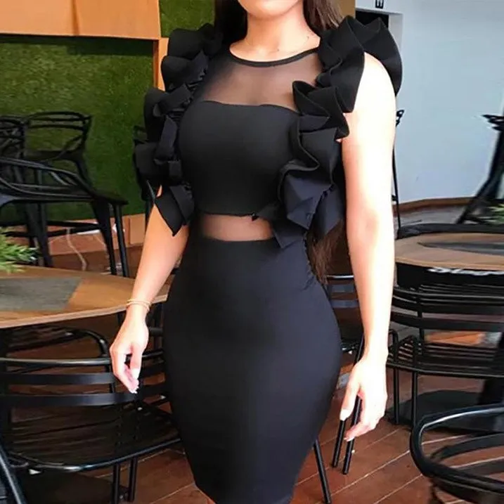 Mooie Sexy Party Club Black Mesh Jurk Vrouwen Ruches Jurk Vrouwelijke Vestidos Mooie Sexy Party Club Black Mesh Jurk Vrouwen Ruches Jurk Vrouwelijke Vestidos