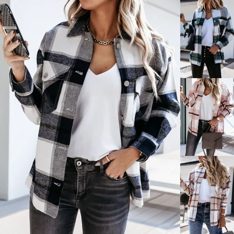 Women Autumn Winter Vintage Plaid Button Coat Long Sleeve Top Casual Shirt Cardigan Jacket Harajuku Fashion Punk Female Clothing | Женская