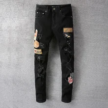Motorcycle Pants Punk Denim Long Pants Trendy Men's Black Jeans Ripped Stitching Pattern Patch Cloth Street Men Ripped Jeans