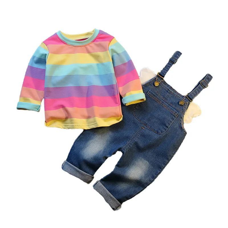 

New Spring Autumn Baby Boy Girls Clothes Suit Children Striped T Shirt Overalls 2Pcs/set Toddler Casual Clothing Kids Tracksuits