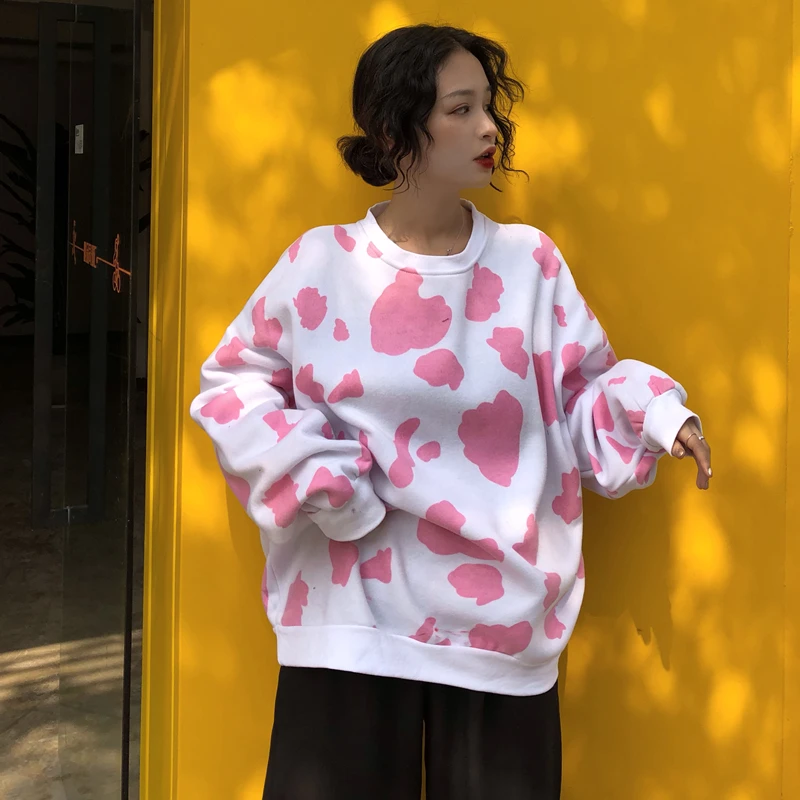 Осенние толстовки женские корейские Harajuku милые коровы свободные пуловеры с длинным рукавом одежда оверсайз с круглым вырезом уличная одежда W177