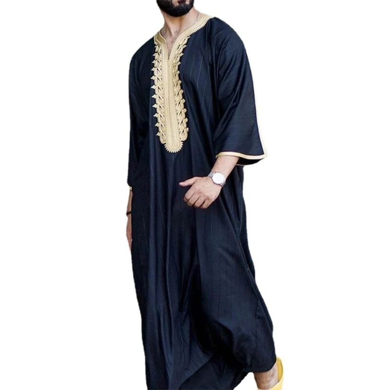 Men Long Sleeve Kaftan Loose Muslim Caftan Thobe Dress Full Length T Shirt Tunic 