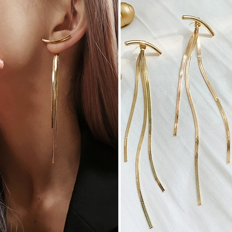 

Statement Earrings Snake Chain Geometric Earrings Long Thread Unique Glossy Gold Silver Color Tassel Earrings Special