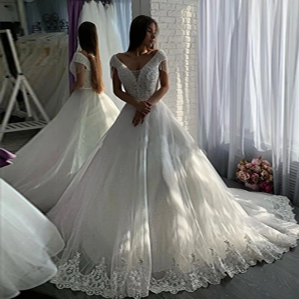 2020-Luxury-Sequin-Tulle-Crystals-Wedding-Dresses-with-Appliques-V-Neck-Off-the-Shoulder-Lace-Up (2)