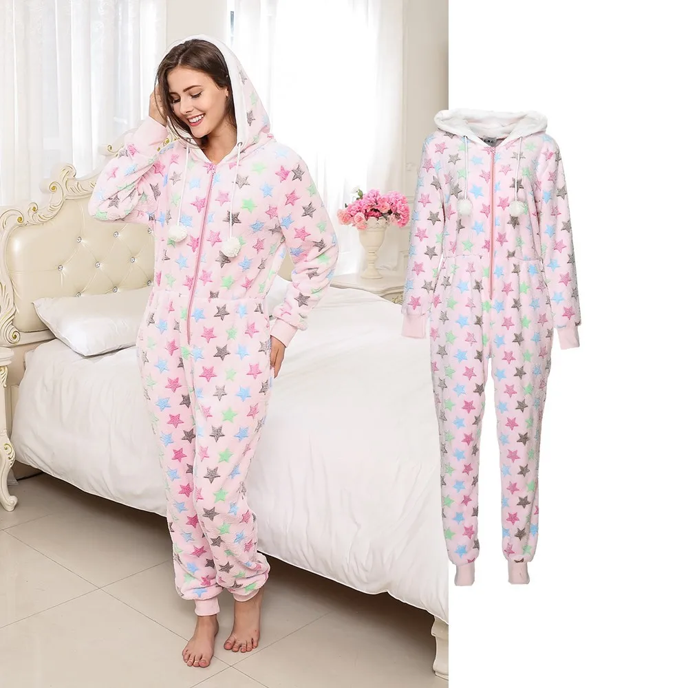 

Keep Warm And Soft Flannel Women Onesies Pajama Kigurumi Cute Pink Stars Pattern Pajamas Suit Casual Hooded Long Sleeve Homewear