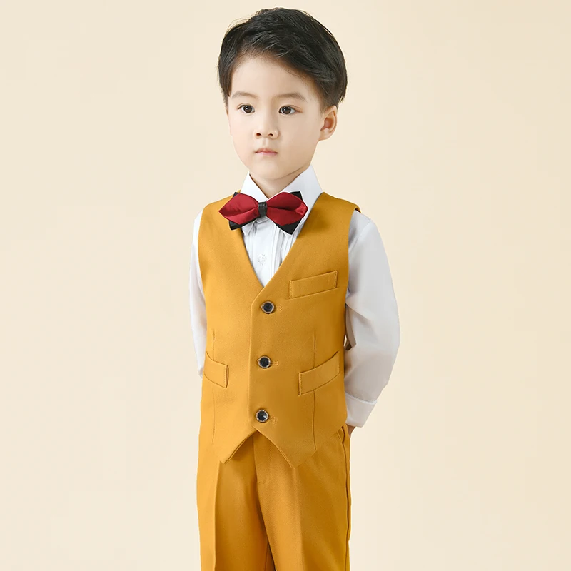 Kids Spring Autumn Jacket Suits Set Flower Boys Vest Pants Wedding Performance Clothes Children Formal Party Solid Color Outfits