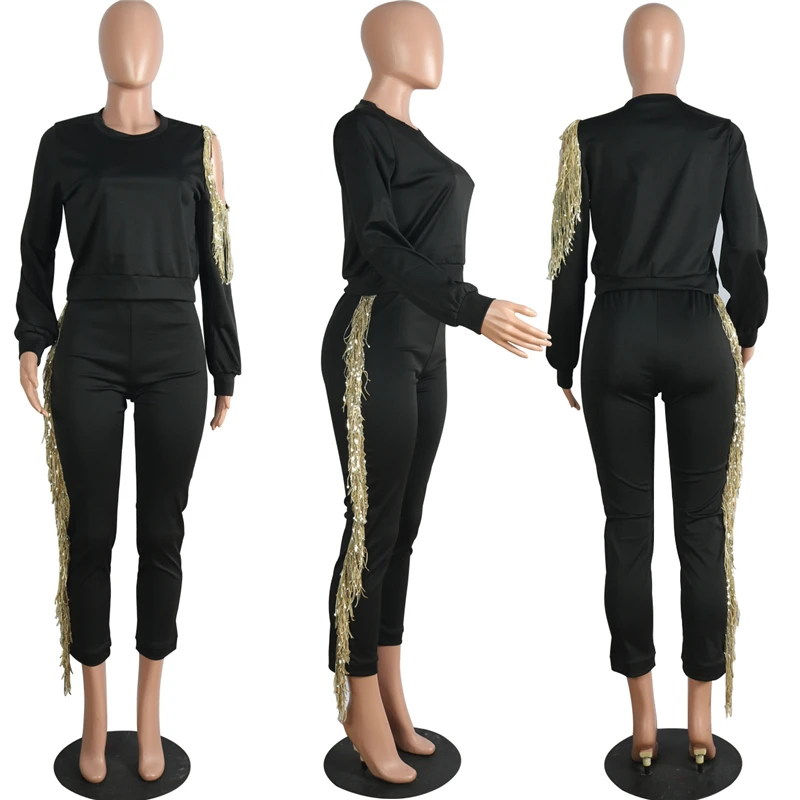 Adogirl женский спортивный костюм с блестками и кисточками, Модный комплект из двух предметов, свитер с длинными рукавами, пуловер, топ, повседневные штаны