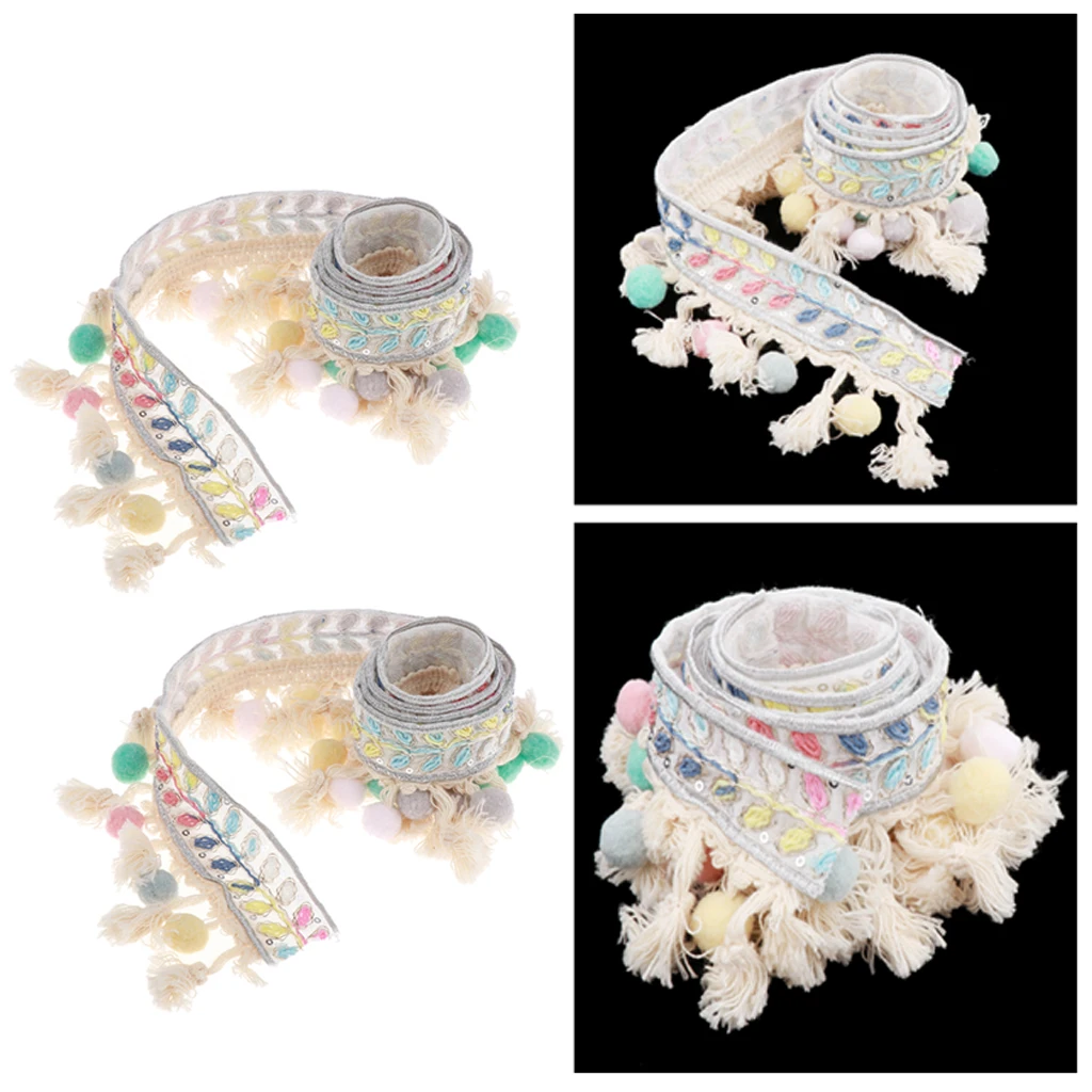 2 Yards Ethnic Style Ball Fringed Lace Jacquard Ribbon with Pompom Ball Trim