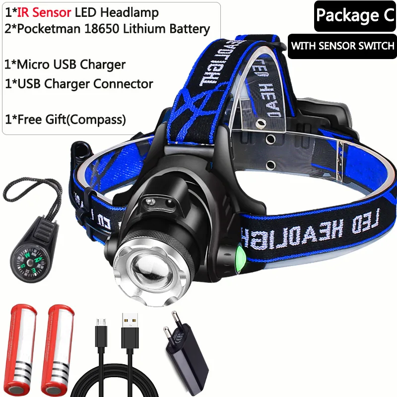 With Sensor-C Самый мощный светодиодный налобный фонарь для рыбалки T6/L2/V6, 3 режима, масштабируемая лампа, водонепроницаемый Головной фонарь, фонарь, фара 18650 - Испускаемый цвет: With Sensor-C