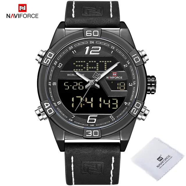 NAVIFORCE Luxury Gold Watches For Men Leather Band Waterproof Digital Alarm Sport WristWatch Man Military Dual Time Quartz Clock BWB