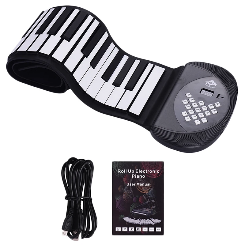 

61 Keys MIDI Roll Up Piano Electronic Silicone Keyboard Built-In Stereo Speaker 1200MA Battery Support Record Sustain Functions,