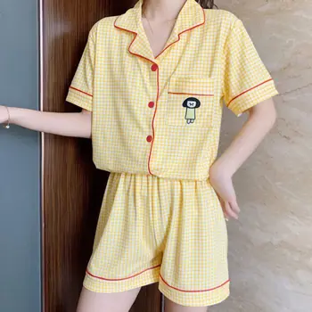 

Summer Fashion Short-sleeved Pajamas Suit Thin Plaid Nightwear Loose Ladies Sweet Cute Pajamas