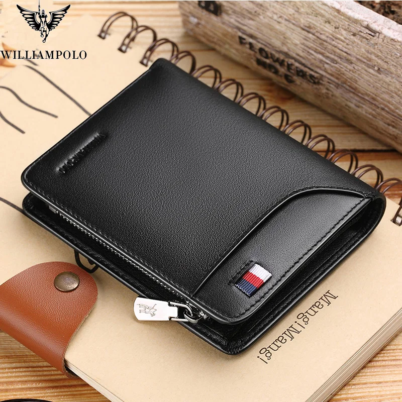 Leather Wallet men's new black brown blue double peak zip coin wallet  simple fashion multi card ID Wallet Gift box packaging