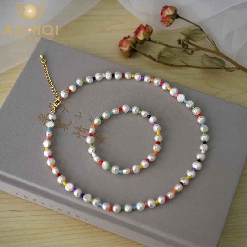 

ASHIQI Natural Baroque pearl Jewelry Sets 7-8mm Real Freshwater pearl Necklace Bracelet for women Colorful beads New Arrival