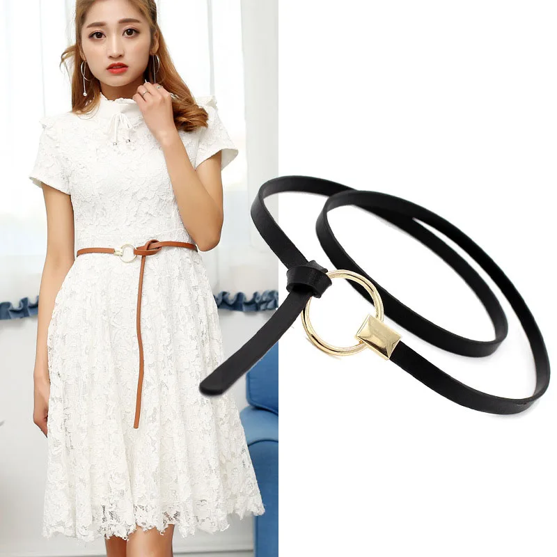 

Fashion PU Leather Women Thin Belt Metal Round Buckle Waist Straps Designer Lady Dress Trouser Casual Decoration Waistband