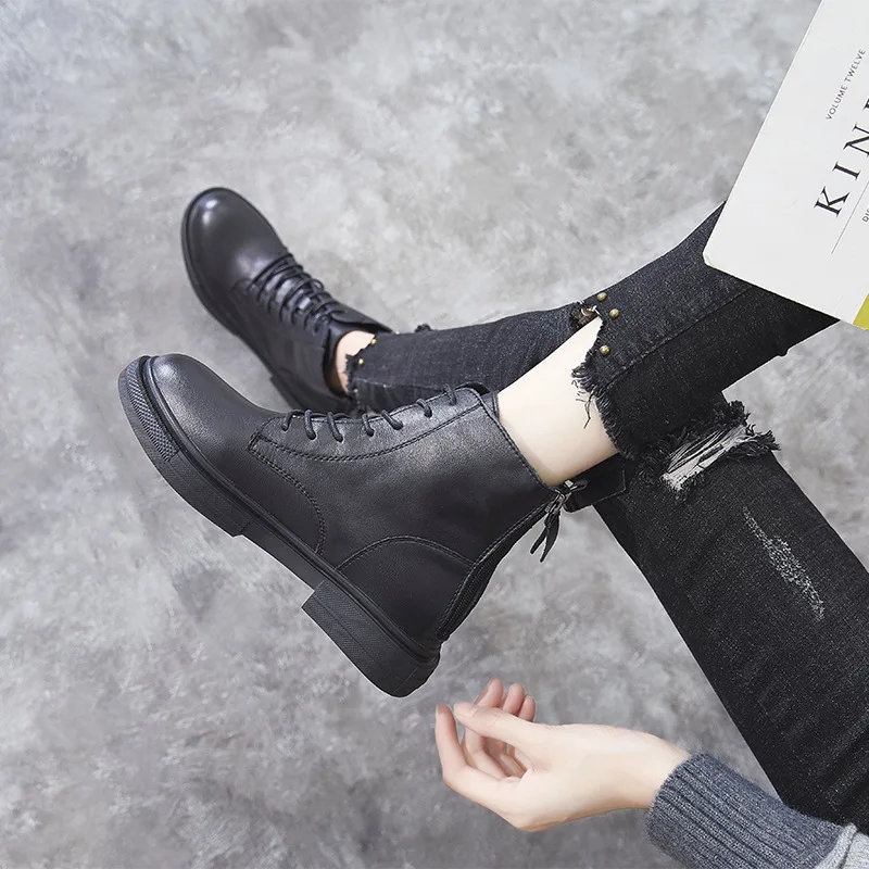

Double Zipper Cowhide Martin Boots Women's 2019 Autumn And Winter New Style British Style Locomotive Versatile Tube Genuine Leat