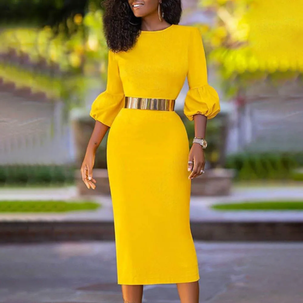 

Fashion Bodycon Dress Yellow Puff Sleeve High Waist Autumn African Party Club Evening Midi Dresses Robe Fashion Vestidos