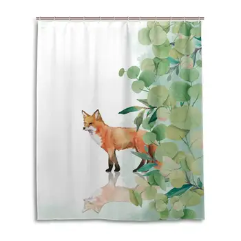 

Cute Fox Shower Curtain for Bathroom Leaves Watercolor Animal Pattern Polyester Waterproof Custom Bath Shower Curtain with 12