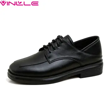 

VINLLE 2020 Casual Round Toe Lace Up Concise Women Pumps PU Leather Fashion Square Low Heel Ladies Single Shoes Size 34-41