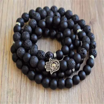 

8mm Black Lava Stone Obsidian 108 Gemstone mala Bracelet Wrist yoga energy Healing Unisex Veins Buddhism spirituality cuff