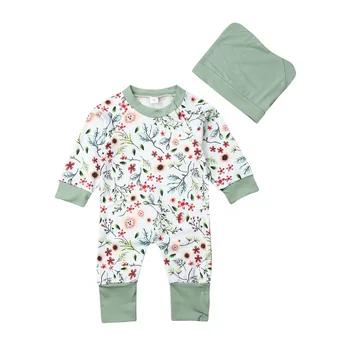 

0-18M Newborn Baby Girl Boy Romper Hats Clothes Floral Print Long Sleeve Cotton Romper Jumpsuit +Hat Outfits