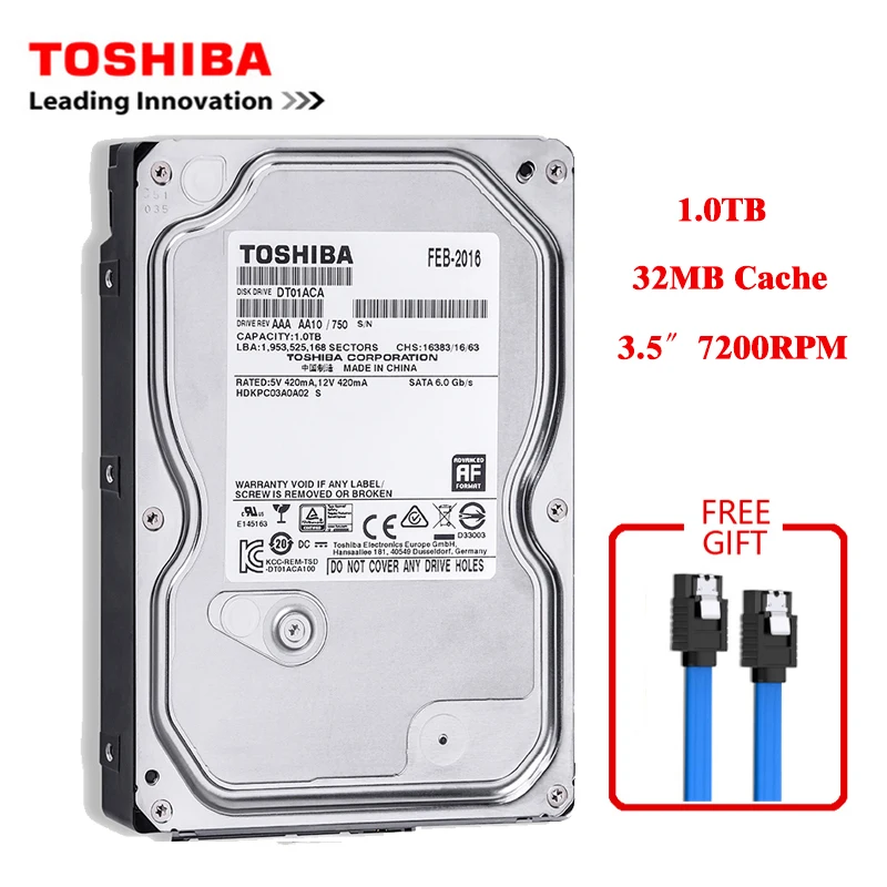Best Toshiba brand 1000GB desktop computer 3.5" internal mechanical hard disk SATA2/SATA3 6Gb/s hard disk 1TB HDD 7200RPM 32MB buffer