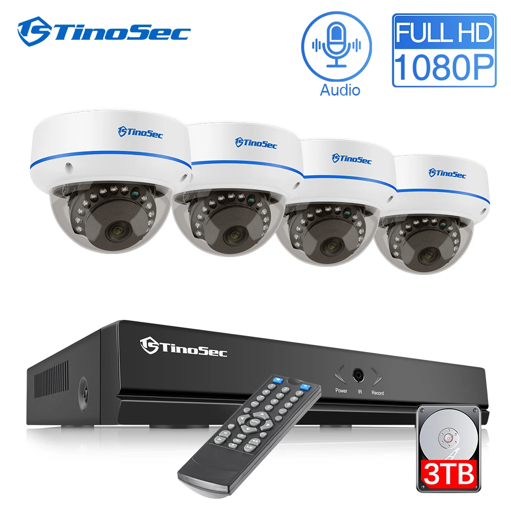 

TinoSec 4CH NVR 1080P IP Network POE Audio Record Outdoor Vandalproof CCTV Security Camera System Home video Surveillance kit