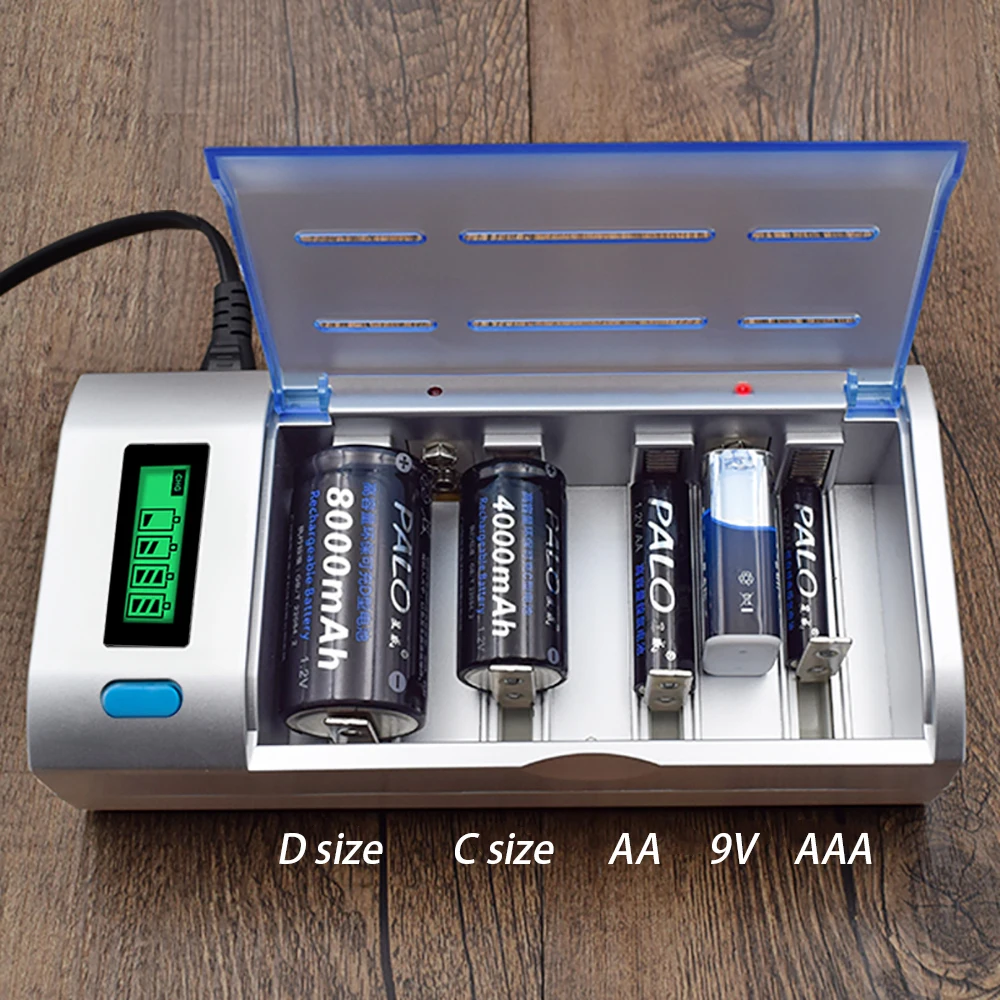 PALO 8pcs D size rechargeable battery type 1.2V 8000mAh NI-MH + smart fast charging LCD charger for Dsize D size type