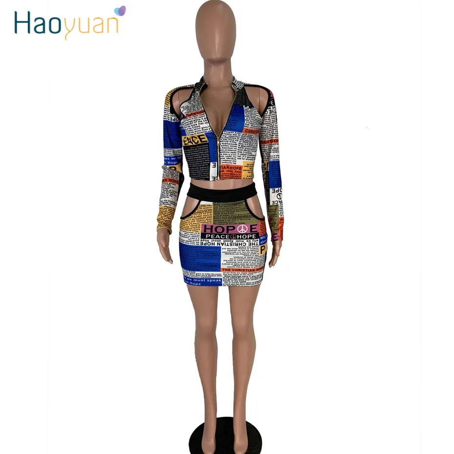 HAOYUAN Newspaper Sexy 2 Piece Sets Women Club Outfits Fall Winter Festival Clothes Crop Top Skirt Suit Two Piece Matching Sets