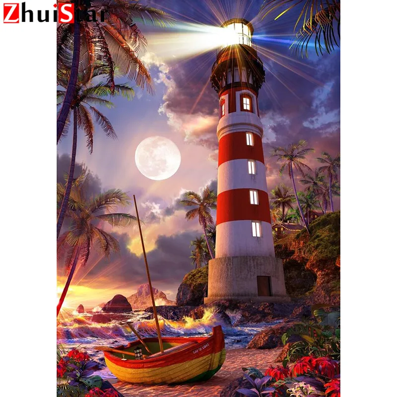 

Full Square round Diamond Painting Lighthouse - boat Diamond Embroidery Gift Decorations For Home WHH