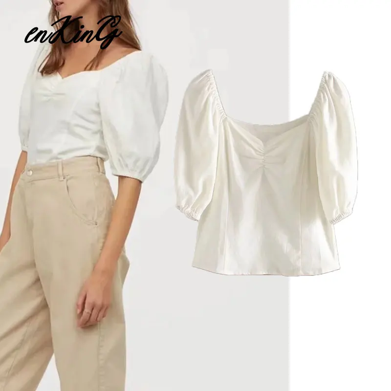 

2020 Ins blogger vintage solid white loose v-neck sexy blouse women blusas mujer de moda 2020 shirt womens tops and blouse