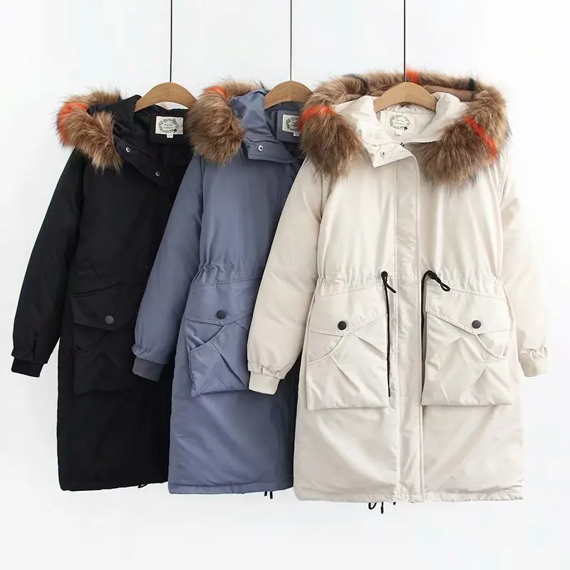 

2018 Winter New Style Loose-Fit Contrast Color Fur Collar Hooded Large Pocket Waist Hugging Mid-length Cotton-padded Clothes WOM