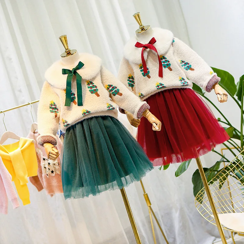 

Children's clothing plus velvet two-piece 2019 autumn and winter collar Christmas girls skirt suit girl foreign princess sets