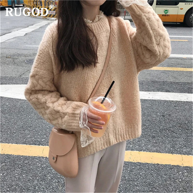 RUGOD корейский шикарный свитер женский модный круглый вырез витой длинный рукав пуловер женский осень-зима теплая женская одежда