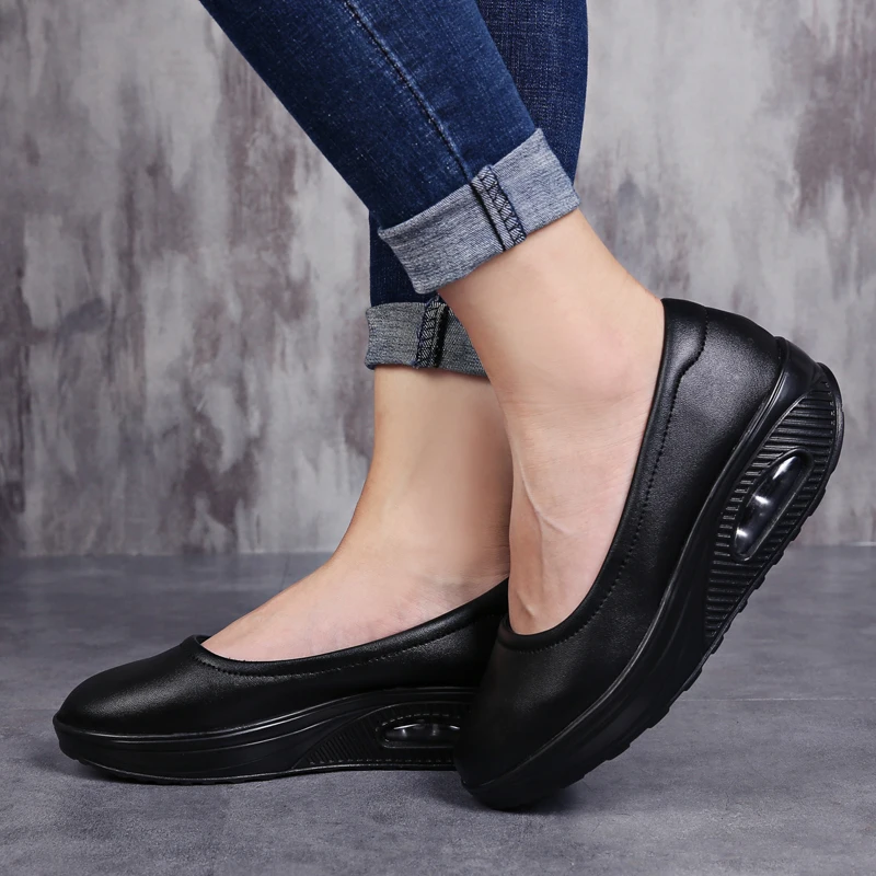 Women Flat Platform Toning Shoes Slip on Ladies Leather Casual Walking Shoes Outdoor Women Wedge Black White Slimming