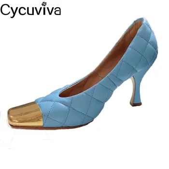 

2020 Popular Metal Square Toe Women Pumps Rhombus Leather Kitten High Heels Mules Runway Spring Party Shoes Femme
