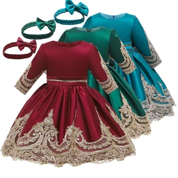 

Baby Girls Christmas Dress Elegent Flower Lace Bow Kids Dresses for Girl Princess Long Sleeve Party Ball Gown Children Clothing