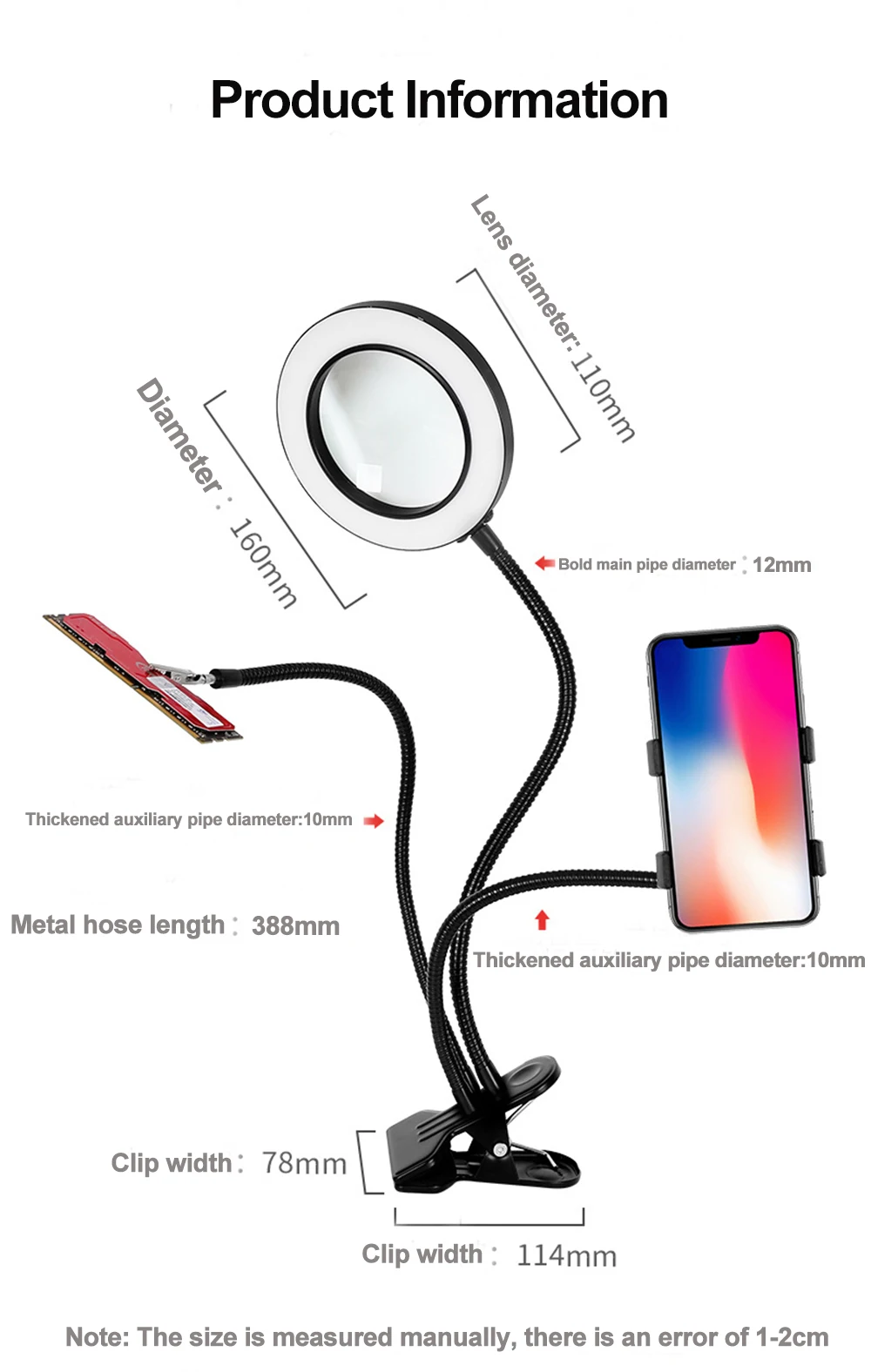 Lupa de mesa com luz 10x, ampliador
