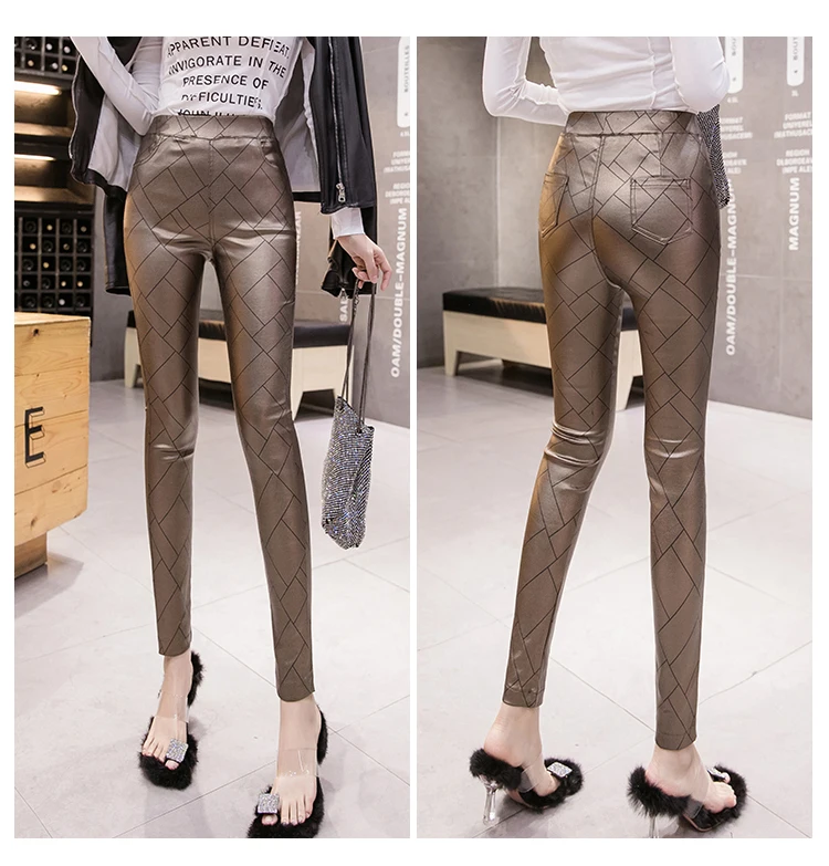 Модные осенне-зимние теплые женские брюки из искусственной кожи, бархатные леггинсы, женские узкие брюки, S-XXL, женские обтягивающие брюки, 7409 50