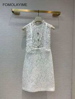 

Summer 2020 New High Quality Women Runway Designer Crystal Flower Diamond Buckle Bow Lace Dress