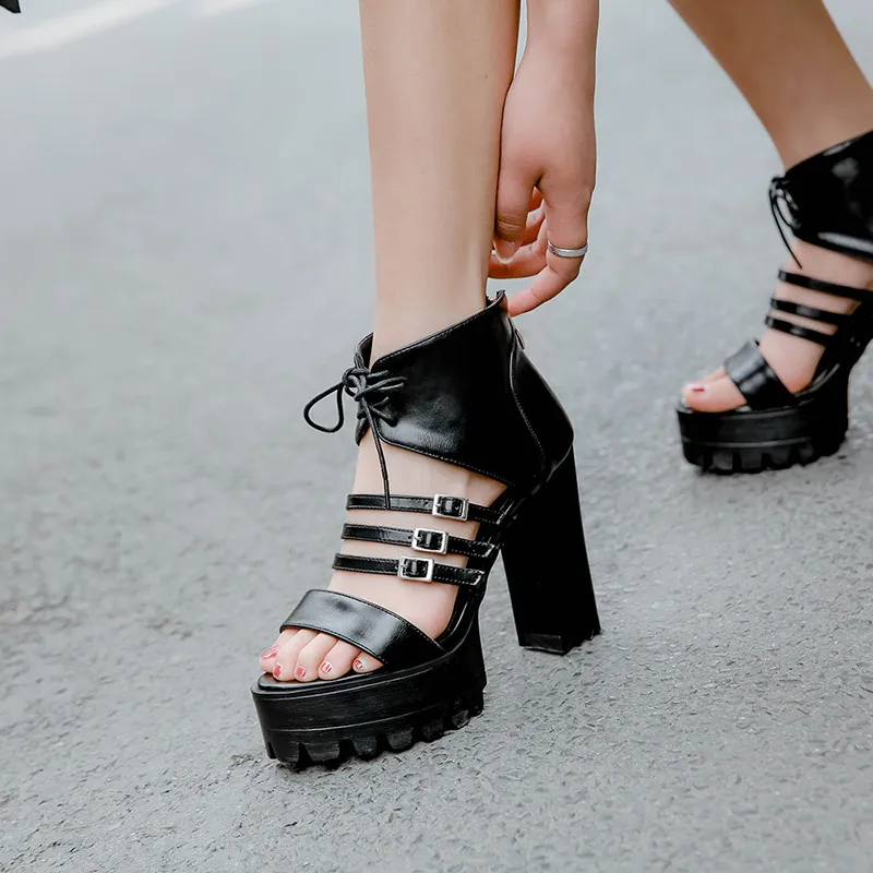 

Summer 2019 Block High Heels Party Shoes Buckle Cross Tied Design Zip Black Platform Gladiator Sandals Women Plus Size