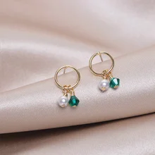 Винтажные Золотые круглые металлические серьги с искусственным жемчугом, серьги-подвески с геометрическим зеленым кристаллом, женские серьги-подвески